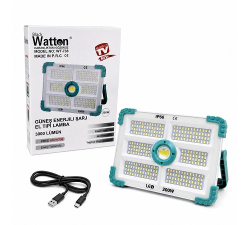 200W IŞIK GÜCÜNDE 3000 LÜMEN SOLAR GÜNEŞ ENERJİLİ ŞARJLI LAMBA WT-738
