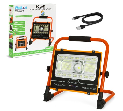 Watton WT-734 P70 LED Solar Panel Şarjlı Taşınabilir Projektör (176 SMD + Yan LED)